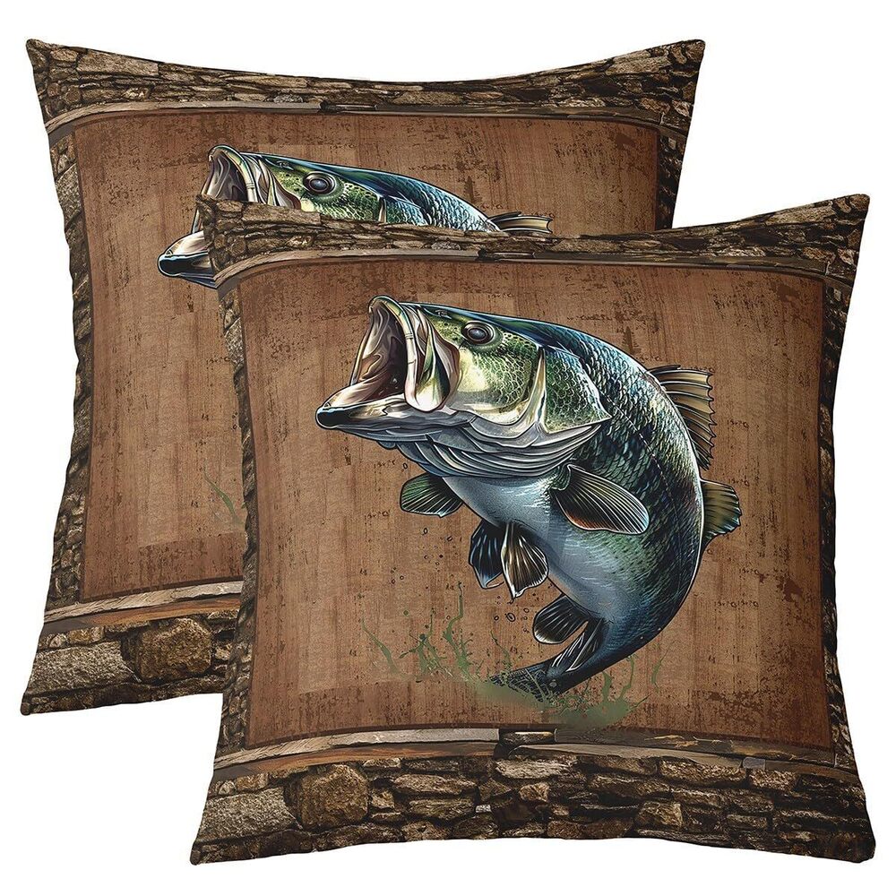 9674 Fish Throw Pillow Covers 18"x18" Set of 2 for Girls Boys Fish Hunting